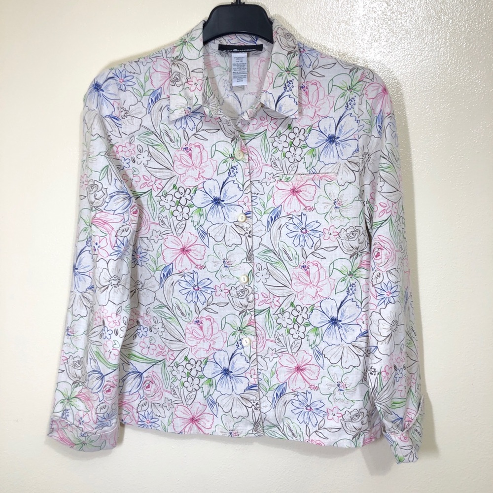 Sag Harbor Linen Blend Floral Button Down Shirt